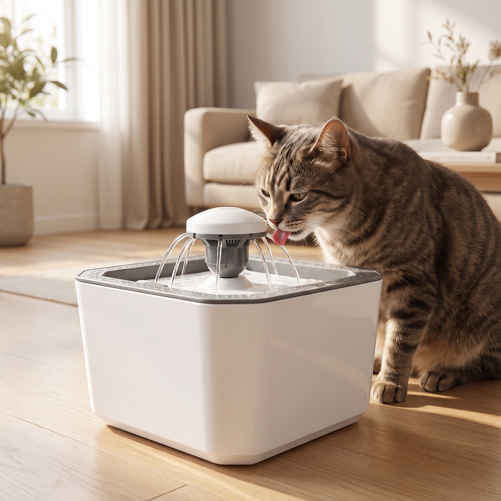 Mascota junto a la fuente HidroFlow de PetlifeChile